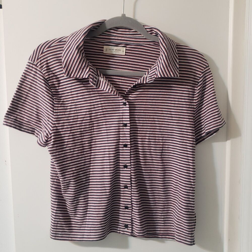 Lucky Brand Red White Blue Short Sleeve Button Up Shirt Patriotic Women M